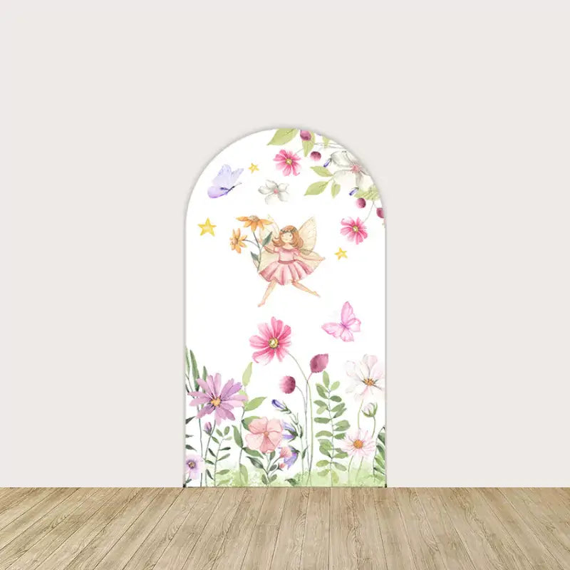 Center backdrop featuring a fairy holding flowers, with a background of colorful blossoms and butterflies, perfect for an enchanted garden theme.