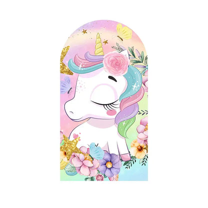 Right panel showcasing a unicorn with multicolor mane, floral accents, and sparkles—perfect for enchanted unicorn birthday or baby events.