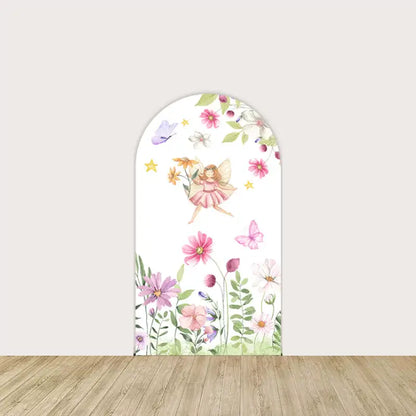 Center arch panel with flying fairy, colorful wildflowers, butterflies, and stars on white—dreamy centerpiece for a fairy-themed party.