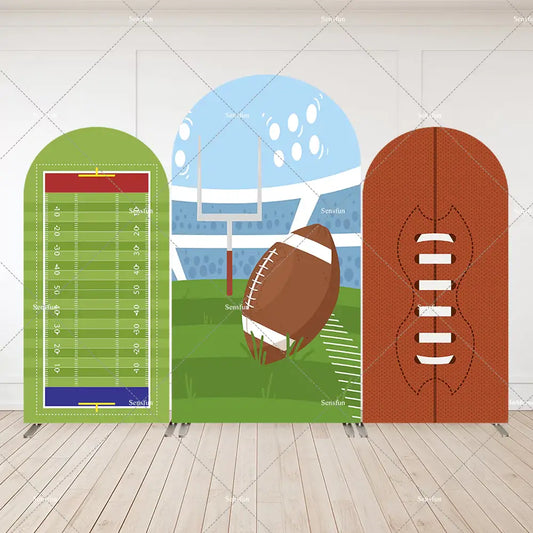 Three-panel football-themed arch backdrop set featuring a stadium scene with goalpost, a green field diagram, and a close-up football texture panel.