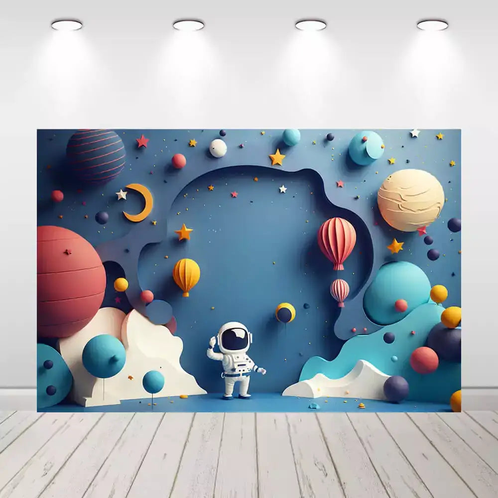 Space-themed birthday party backdrop with cartoon astronaut, colorful planets, stars, and hot air balloons – perfect for kids’ space adventures