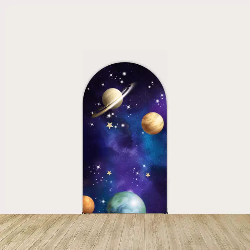 Center backdrop showcasing the planet Saturn with other planets and stars in a galaxy background, creating a realistic outer space vibe.