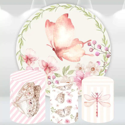 Round backdrop featuring a pink butterfly with floral accents, paired with three cylindrical covers showcasing butterfly and dragonfly designs.