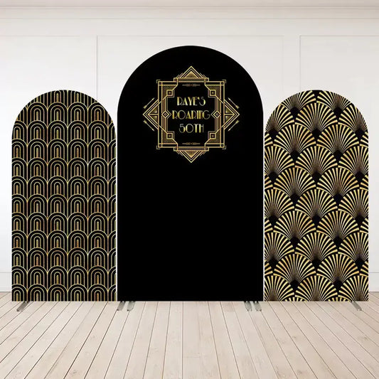 Three-panel black and gold Art Deco arch backdrop set with geometric and fan patterns and a central “Raye’s Roaring 50th” vintage design.