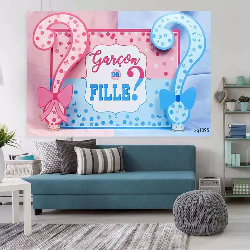 "Garçon or Fille?" gender reveal backdrop with pink and blue decorations, perfect for adding a fun and suspenseful touch to your party.