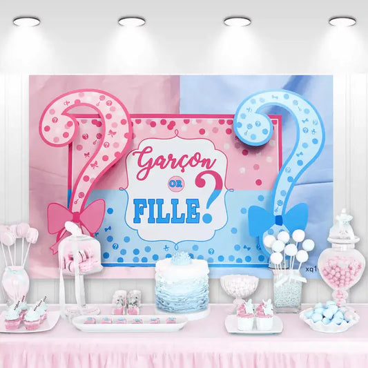 Gender reveal party backdrop with French text ‘Garçon ou Fille’, pink and blue theme with question marks and bows – perfect for a baby reveal celebration