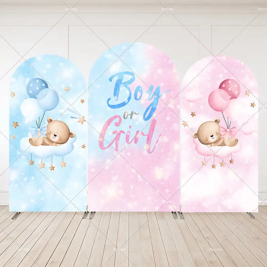 Three-panel gender reveal arch backdrop set featuring teddy bears with balloons, "Boy or Girl" text, and soft pastel clouds with sparkling stars.