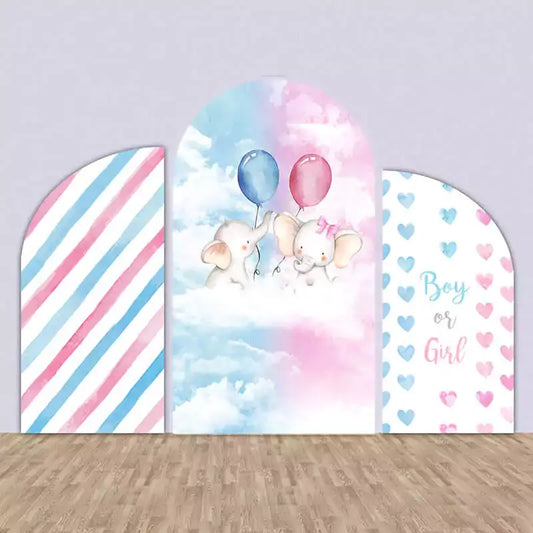 Three-panel gender reveal backdrop with baby elephants, blue and pink balloons, clouds, stripes, and “Boy or Girl” heart-themed decorations.