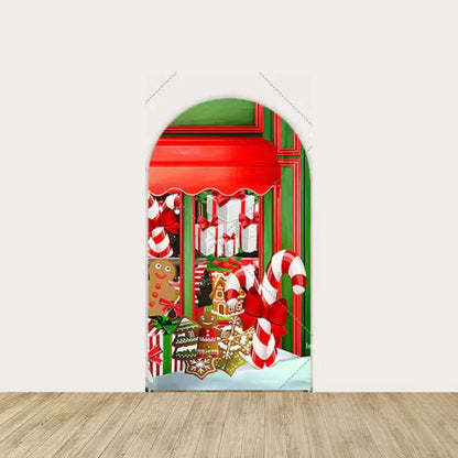 Right side of candy shop backdrop with Christmas presents, gingerbread, candy canes, and holiday sweets in a classic red and green storefront design.