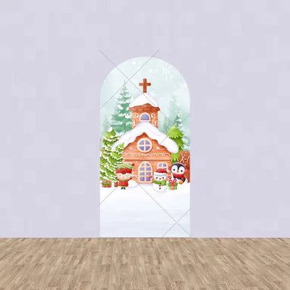 Center panel with a gingerbread-style church surrounded by Christmas trees, elf, snowman, penguin, and gift boxes.