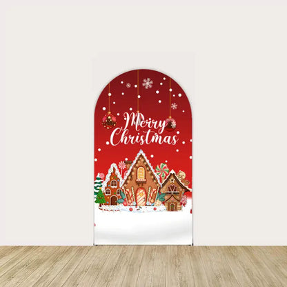 Center panel with decorated gingerbread houses, candy accents, and “Merry Christmas” text under hanging ornaments—perfect holiday centerpiece.