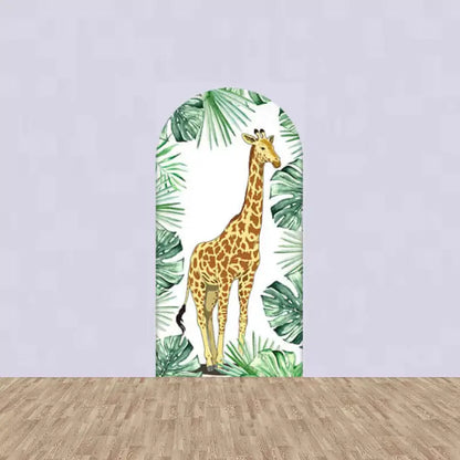 Left arch with watercolor giraffe surrounded by tropical jungle leaves – part of a safari animal party backdrop set.