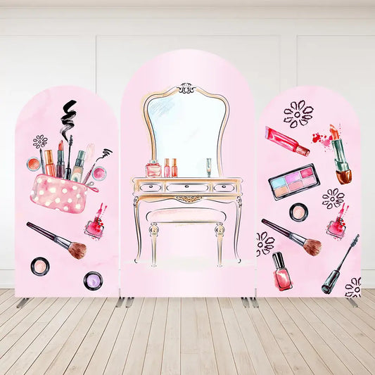 Chic vanity makeup backdrop with a center vanity mirror and table, surrounded by makeup essentials on both sides.