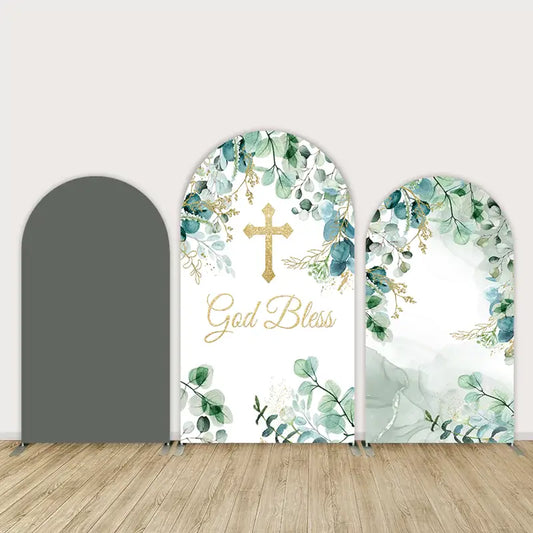 Three-panel arch backdrop featuring greenery, eucalyptus leaves, a gold cross, and “God Bless” text—perfect for religious ceremonies.