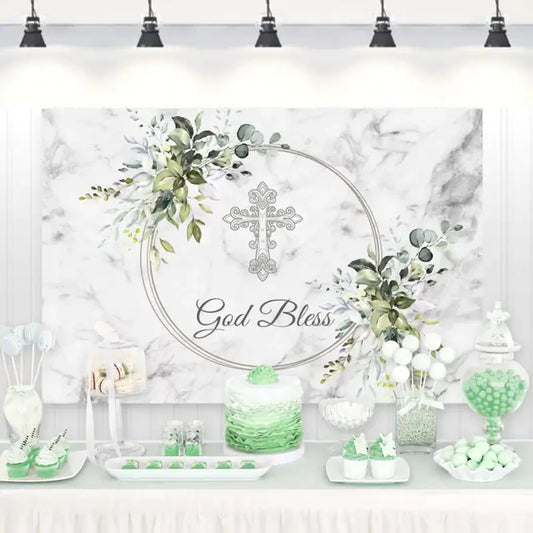 Elegant God Bless party backdrop with floral greenery, marble texture, and ornate cross – perfect for baptism, christening, or first communion celebrations