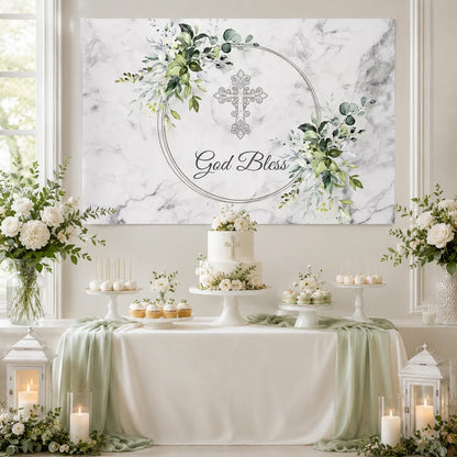 God Bless baptism backdrop with an ornamental cross, white marble background, eucalyptus leaves and watercolor floral details.