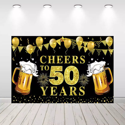 Cheers to 50 backdrop with beer glasses, glittery gold number 50, and celebratory elements – ideal for party photos and milestone decor