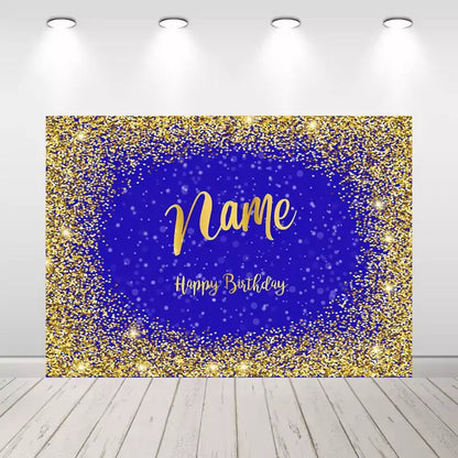 gold and blue glitter birthday backdrop with customizable name.