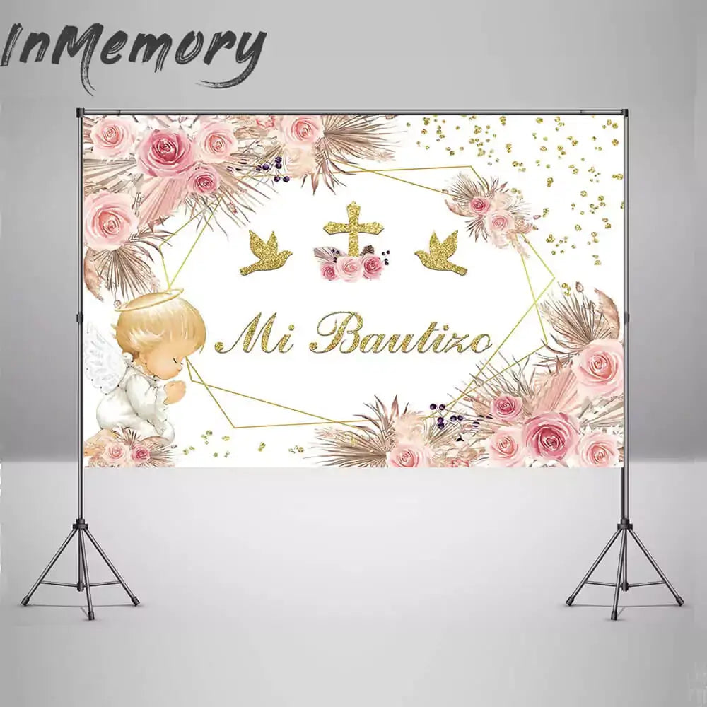 Elegant baptism party background in Spanish with angel, flowers, and gold religious symbols.