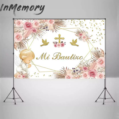 Elegant baptism party background in Spanish with angel, flowers, and gold religious symbols.