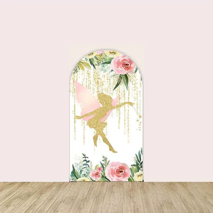 Left arch showing a golden fairy silhouette with glittering stars and cascading gold drapes, surrounded by pink roses and greenery.