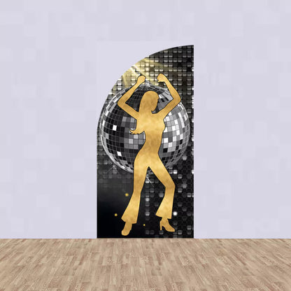 Left panel featuring a gold silhouette of a female disco dancer in front of a mirrored ball and black sequin-style background.