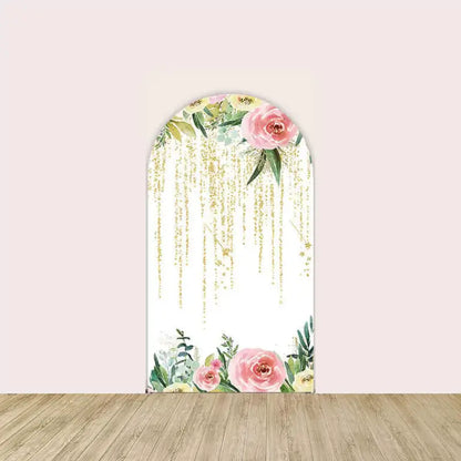 Right arch decorated with cascading gold glitter, blush pink roses, and soft green leaves—elegant and dreamy.