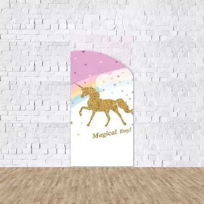 Right arch panel with a gold glitter unicorn silhouette, rainbow and stars, and the phrase “Magical Day!”—perfect for fantasy party decor.