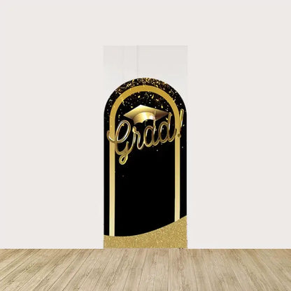 Arch panel featuring the word “Grad!” in gold script with a graduation cap on top, all framed by a gold glitter arch—great for selfies and celebrations.