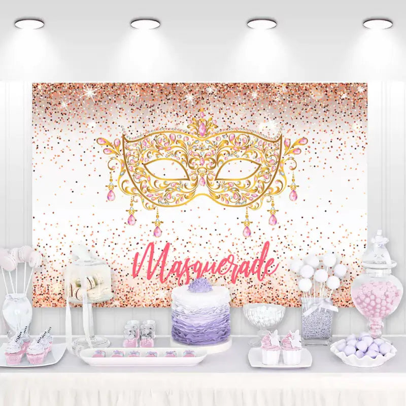 "Gold Masquerade" backdrop featuring an ornate golden mask with pink gemstones and glitter accents, perfect for a glamorous party.