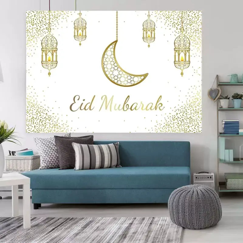 Elegant golden Eid celebration backdrop with moon and lantern designs, perfect for enhancing the festive atmosphere at Eid gatherings.