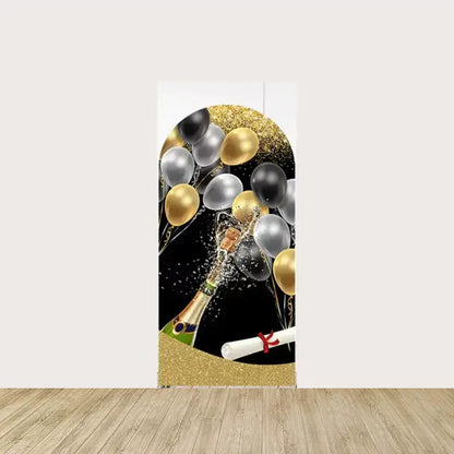 Left panel featuring black, gold, and silver balloons, a champagne bottle popping, and a diploma scroll with gold glitter base—perfect for graduation party décor.