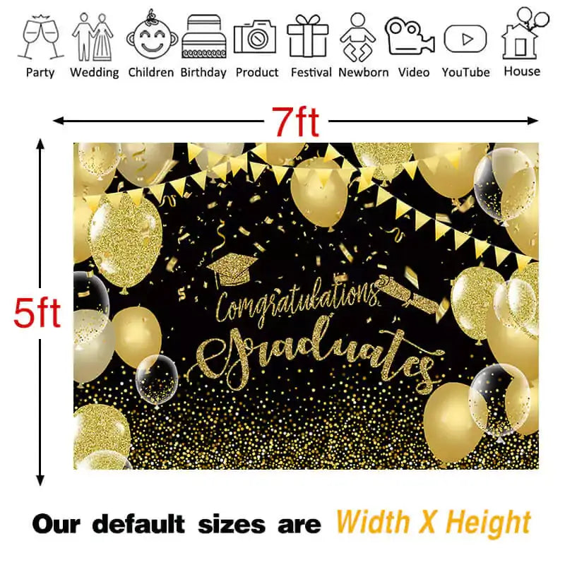 Festive graduation backdrop with gold balloons, graduation cap, and streamers – perfect for a party or ceremony to celebrate graduates