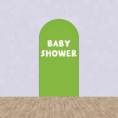 Center arch panel with solid green background and bold white “BABY SHOWER” text—great for photos and party decor.