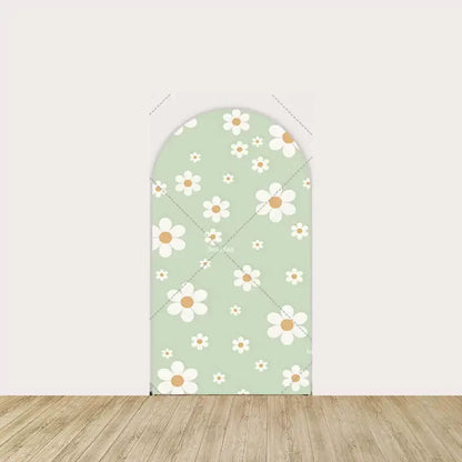 Mint green background with scattered white daisies.