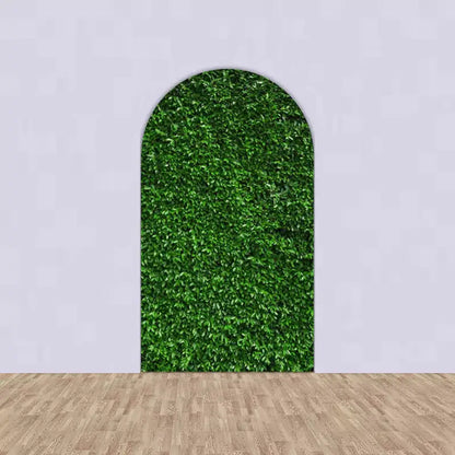 Center arch with realistic green grass and foliage texture—perfect as a garden wall or nature-inspired party photo backdrop.