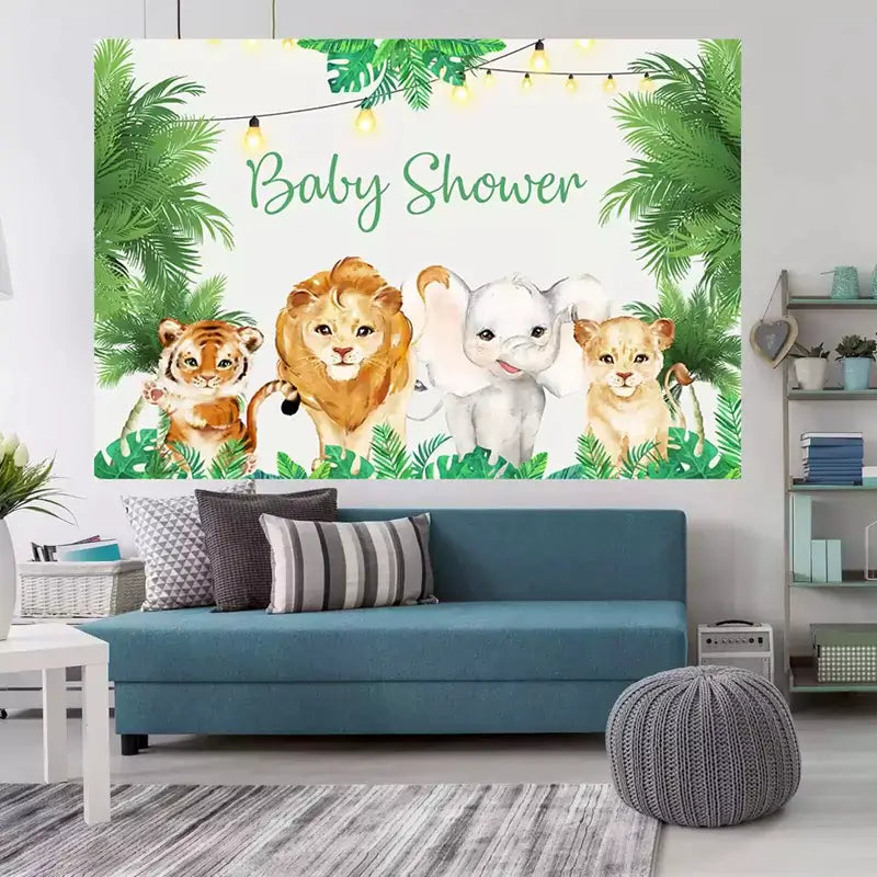 Safari animal-themed "Baby Shower" backdrop banner with jungle animals including a lion, elephant, and tiger.