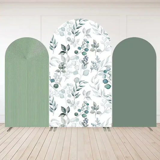 Three-panel botanical arch backdrop set featuring watercolor leafy greenery, sage green minimalist panels, and modern green stripe pattern.