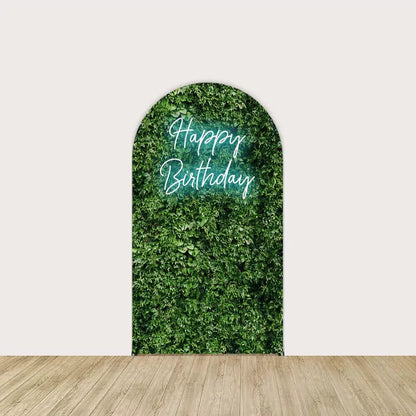 Center panel with lush green foliage and “Happy Birthday” in white script—adds a natural and modern touch to any celebration.