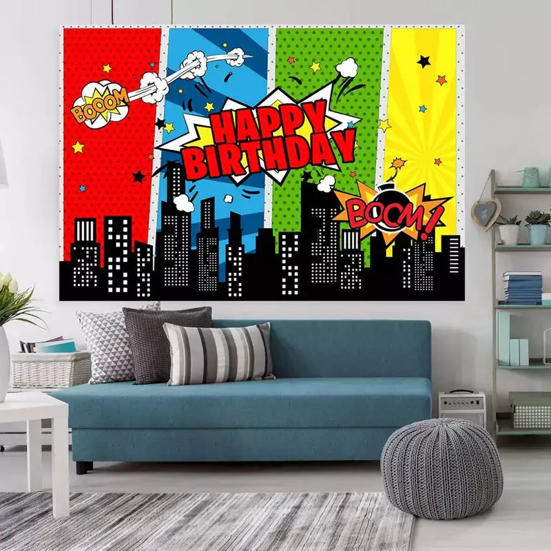 Colorful comic book-themed party backdrop displaying action-packed superhero phrases and a dramatic city skyline, designed for fun and memorable photos.