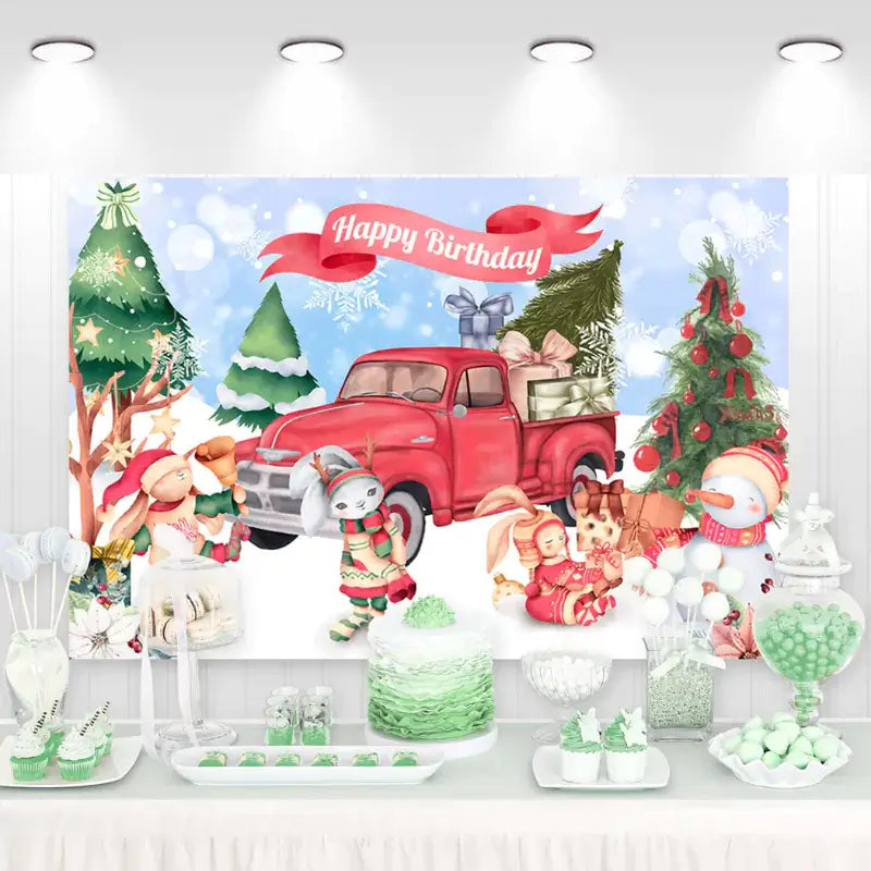 Whimsical winter-themed birthday backdrop featuring a red truck, Christmas trees, and festive characters, ideal for seasonal birthday parties.