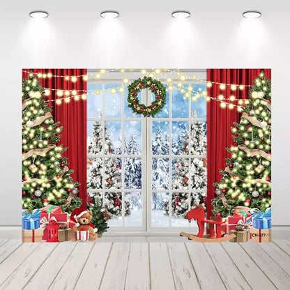 Festive holiday backdrop featuring a snowy window scene with Christmas trees and lights, ideal for Christmas events.