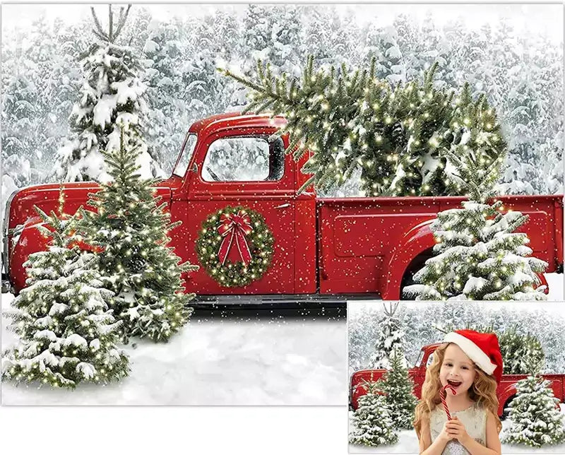 Holiday backdrop featuring a red truck in a snowy landscape with Christmas trees, ideal for festive events.