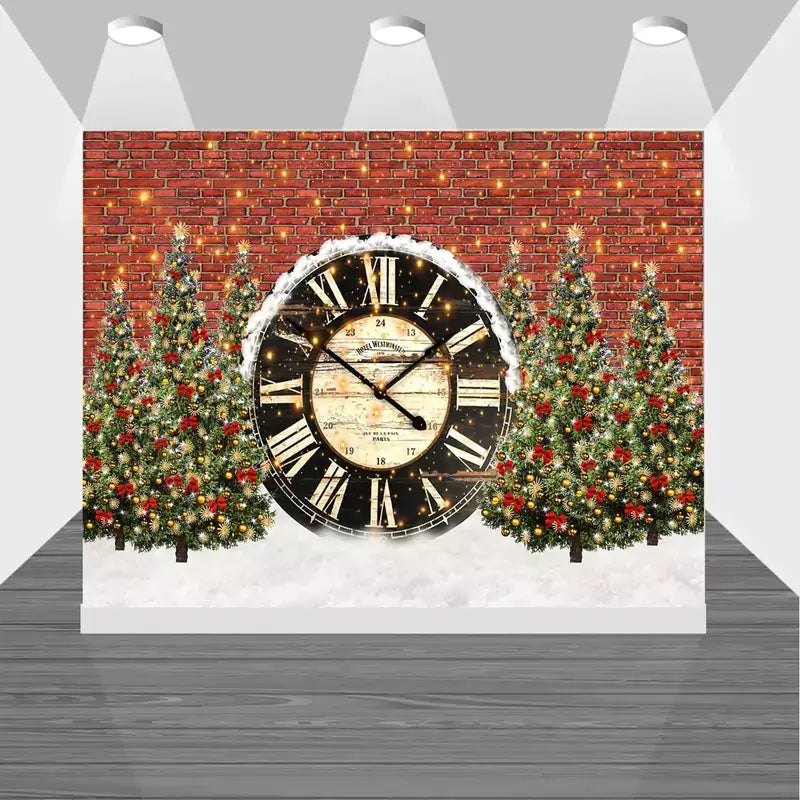 New Year's Eve themed backdrop with a large clock indicating the time, set against a rustic brick wall and snowy Christmas trees decorated with colorful ornaments.