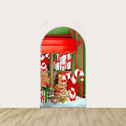 Gingerbread cookies, snowflakes, candy cane bows, and wrapped presents.