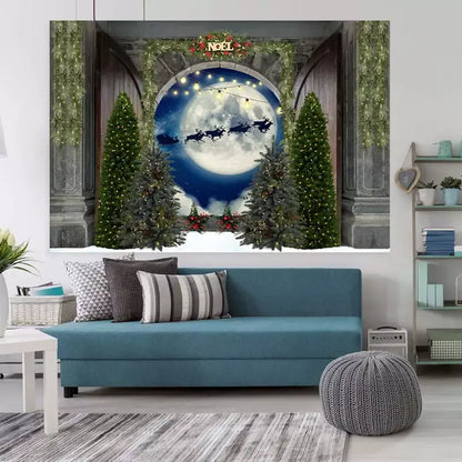 Holiday backdrop showcasing a winter night scene with Santa’s sleigh under a full moon, perfect for festive event decor.