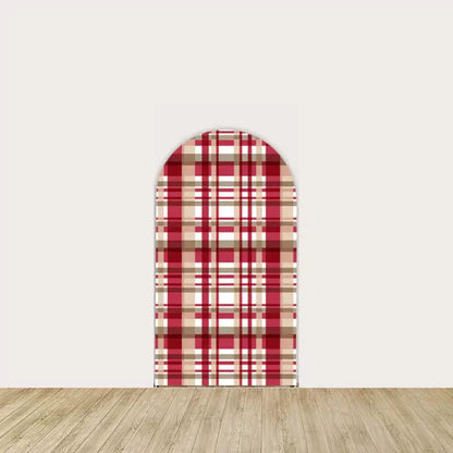 Red and white plaid-patterned arched backdrop, perfect for creating a cozy holiday atmosphere.