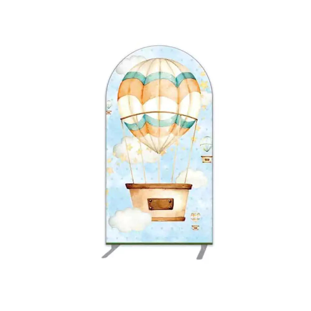 Left panel with a tan and teal hot air balloon floating in the sky among stars and clouds—charming decor for baby events or birthdays.