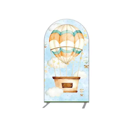 Left panel with a tan and teal hot air balloon floating in the sky among stars and clouds—charming decor for baby events or birthdays.