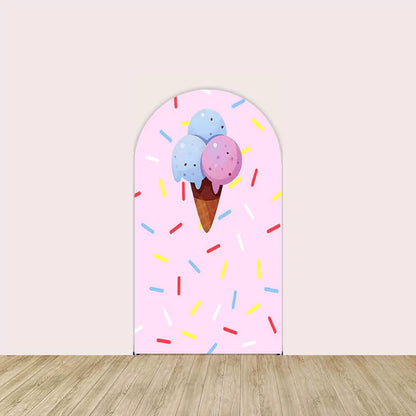 Center panel with a triple scoop ice cream cone and multicolored sprinkles on a pink background.